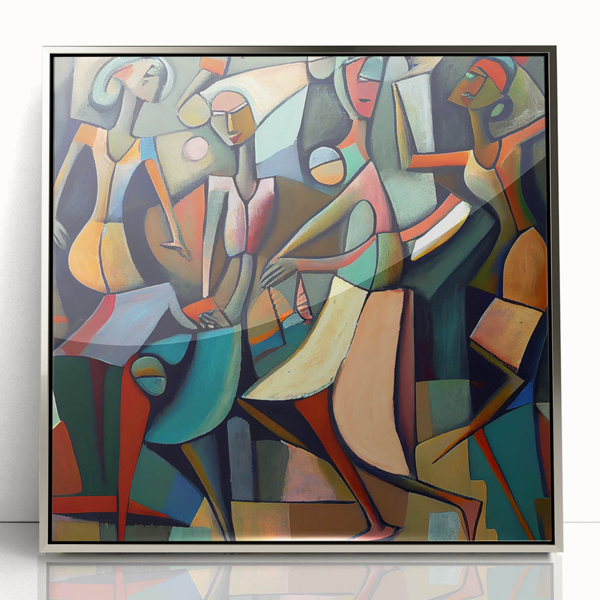 Framed abstract figurative wall art featuring a silver-acrylic finish, showcasing modern design elements and vibrant colors, perfect for contemporary decor.