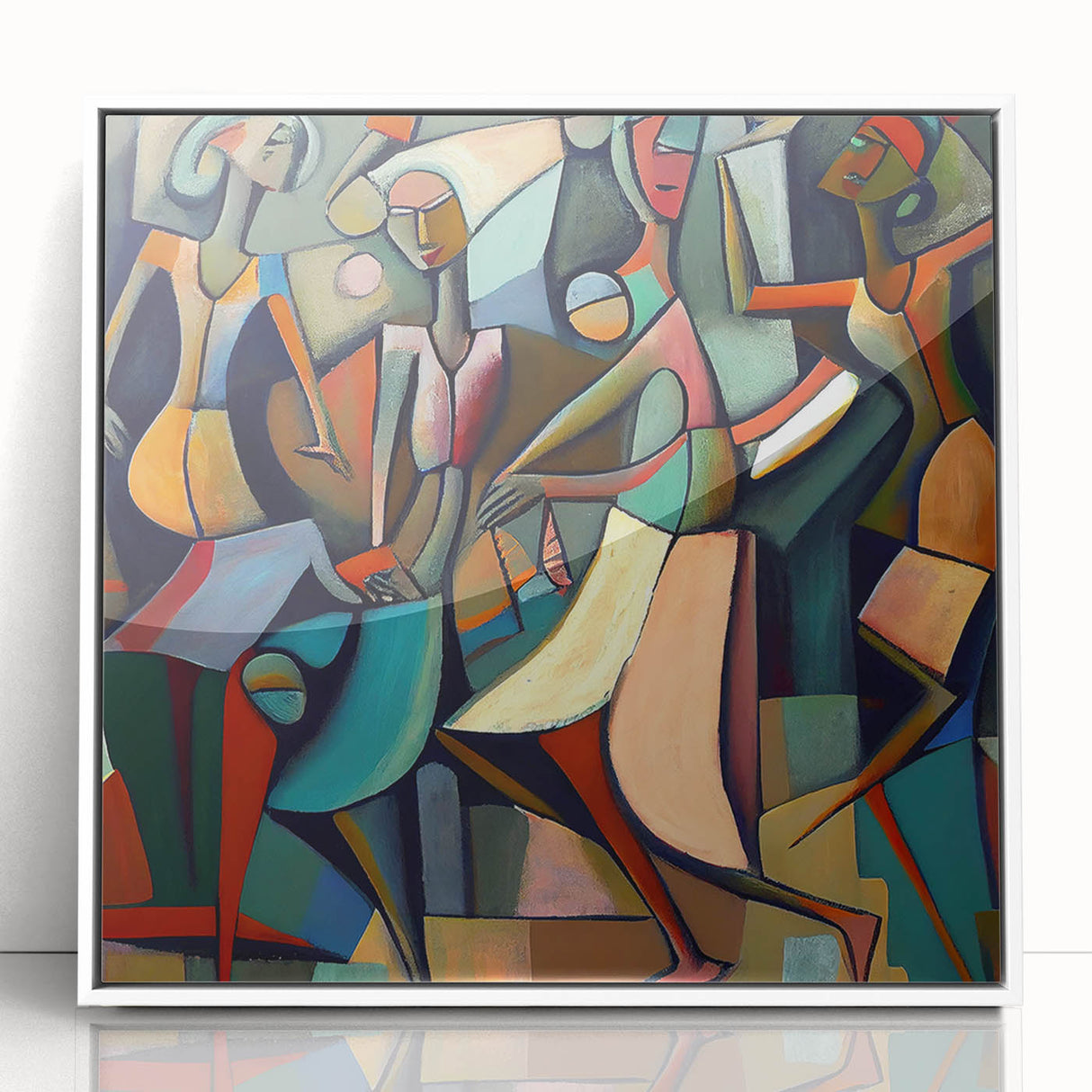 Framed abstract figurative wall art showcasing vibrant colors and dynamic shapes, set against a white background, perfect for modern home décor accents.