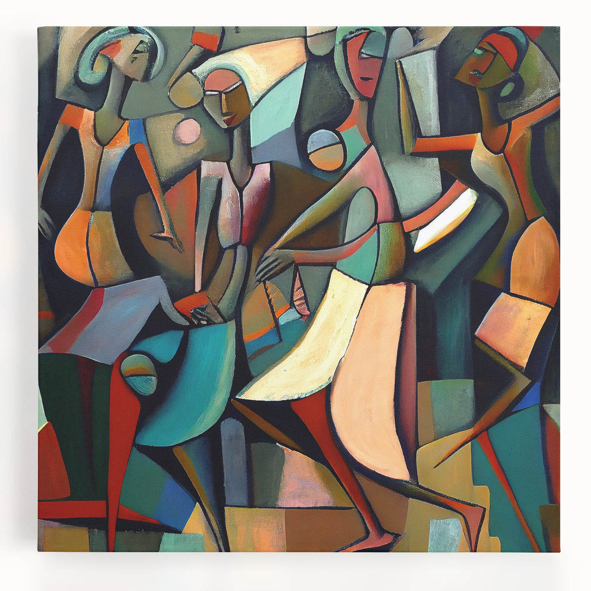 Abstract figurative wall art featuring vibrant colors and dynamic shapes on a stretched canvas, perfect for modern home decor and artistic expression.