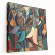 Abstract figurative wall art on stretched canvas showcasing vibrant colors and dynamic shapes, perfect for modern home decor, side view highlighting its depth and texture.