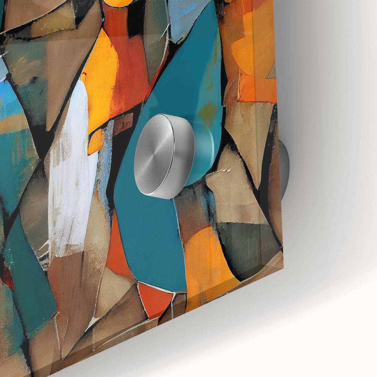 Close-up of vibrant abstract figurative wall art on acrylic glass, showcasing colorful brush strokes and intricate patterns, perfect for modern home decor.