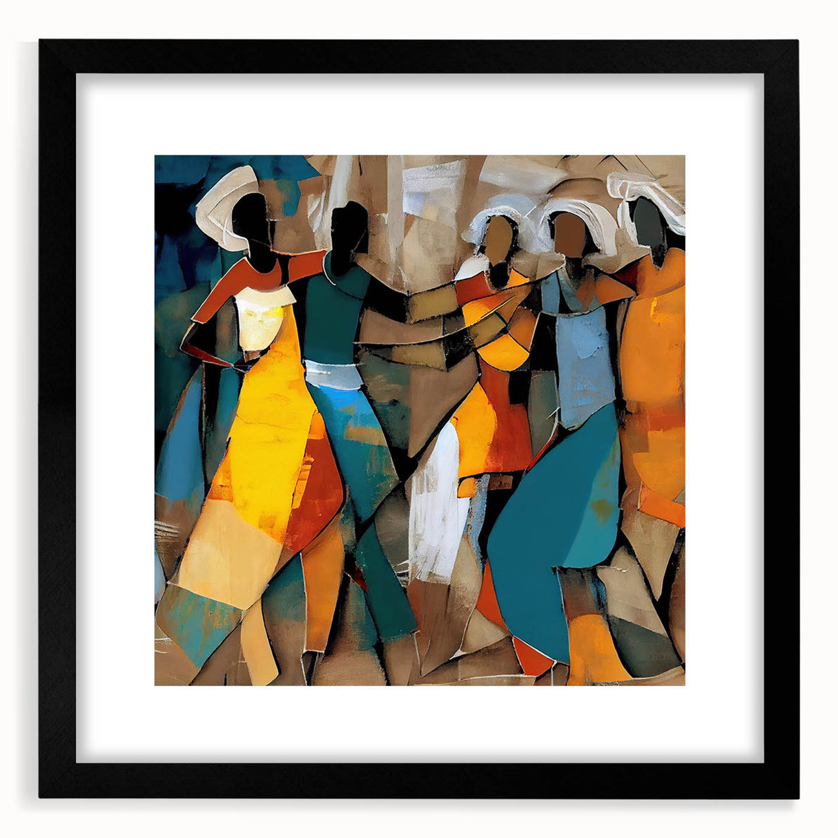 Abstract figurative wall art framed with a black mat, showcasing bold colors and dynamic shapes, perfect for modern home decor and artistic expression.