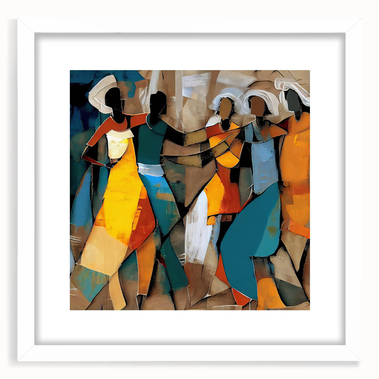 Abstract figurative wall art framed with a white mat, showcasing vibrant colors and dynamic shapes, perfect for modern home decor. Ideal for art enthusiasts seeking unique and stylish artwork.