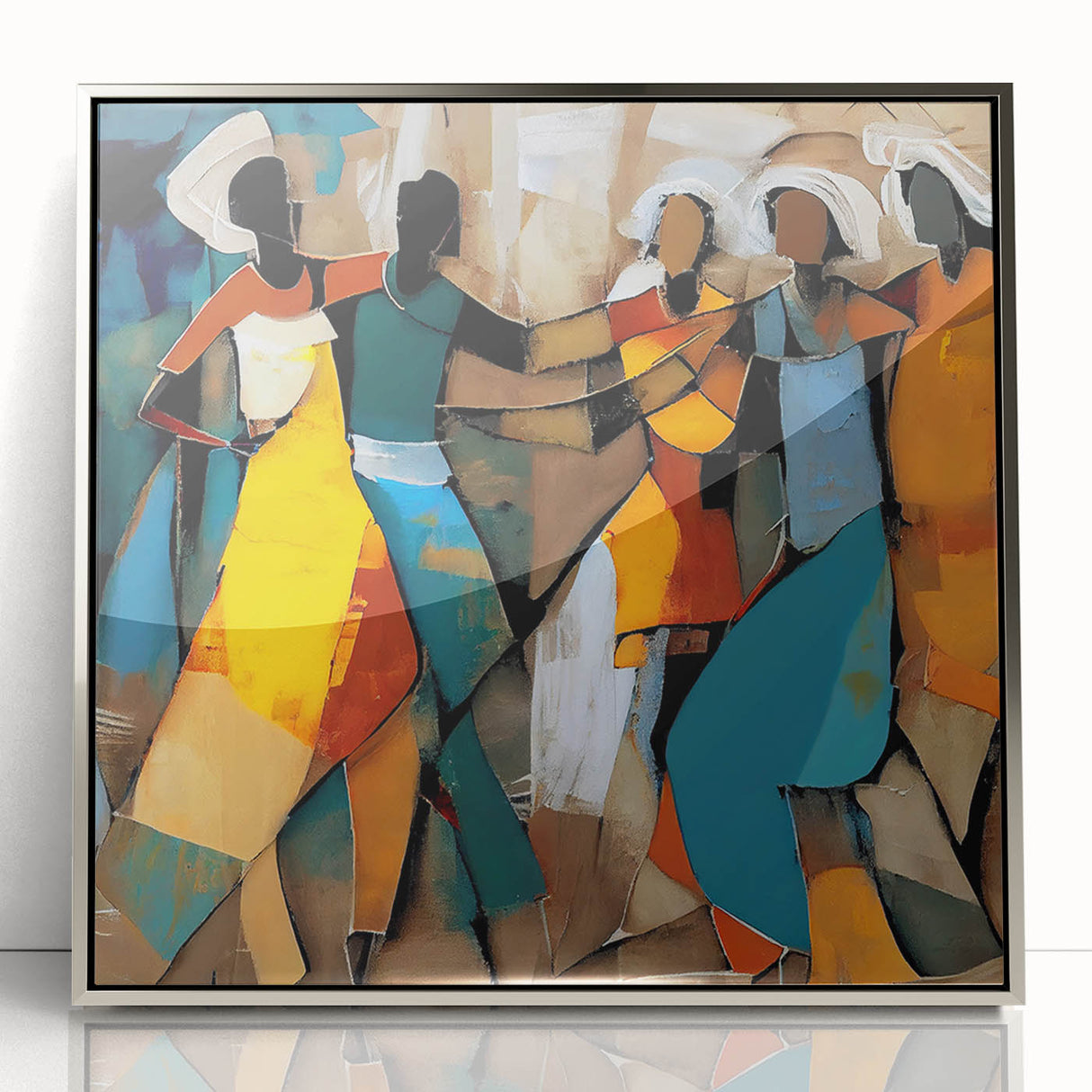 Framed abstract figurative wall art featuring a silver acrylic finish, showcasing dynamic shapes and colors, perfect for modern home decor.