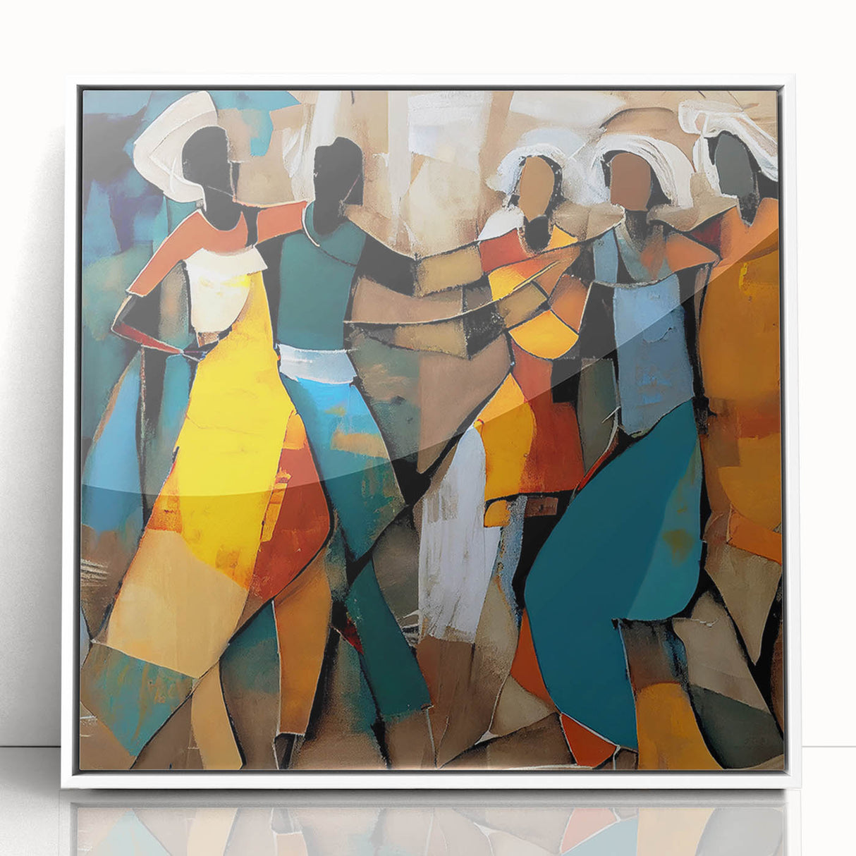 Framed abstract figurative wall art featuring vibrant colors and dynamic shapes, displayed against a white background, ideal for modern home decor.