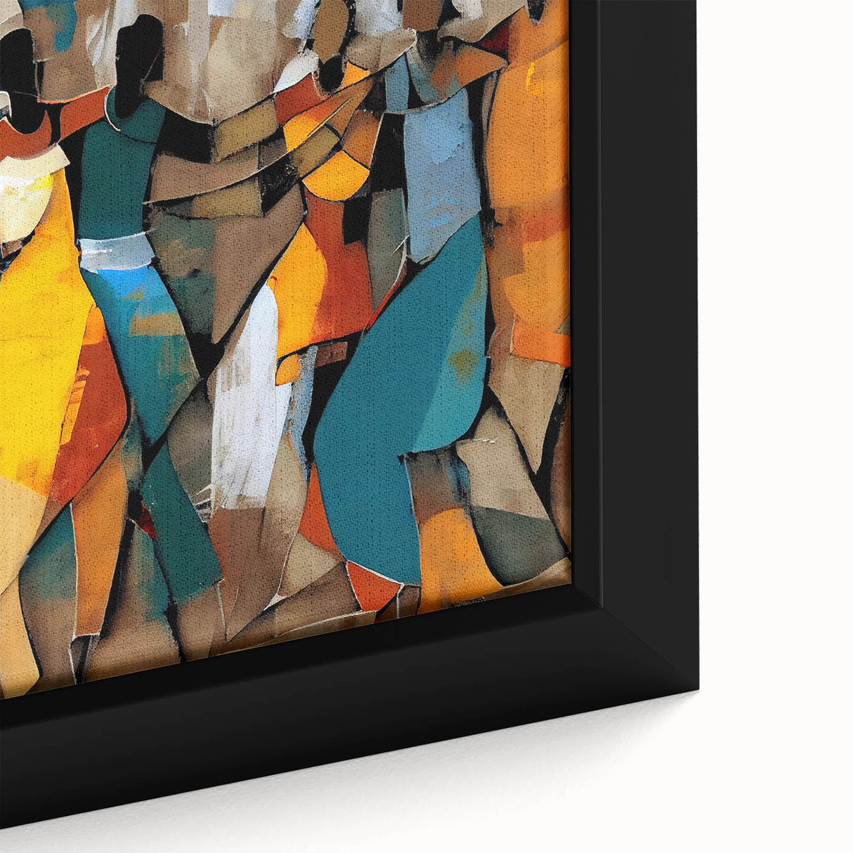 Close-up of a framed abstract figurative wall art piece, showcasing vibrant colors and dynamic shapes, perfect for modern home decor and artistic expression.