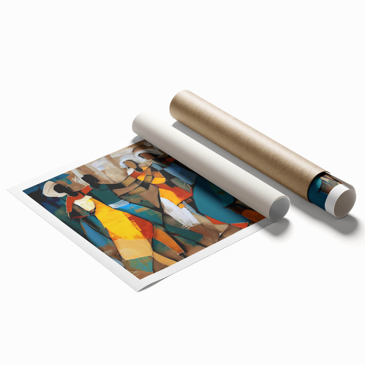 Abstract figurative wall art print showcasing vibrant colors and dynamic shapes, rolled for easy shipping and display, perfect for modern home decor.