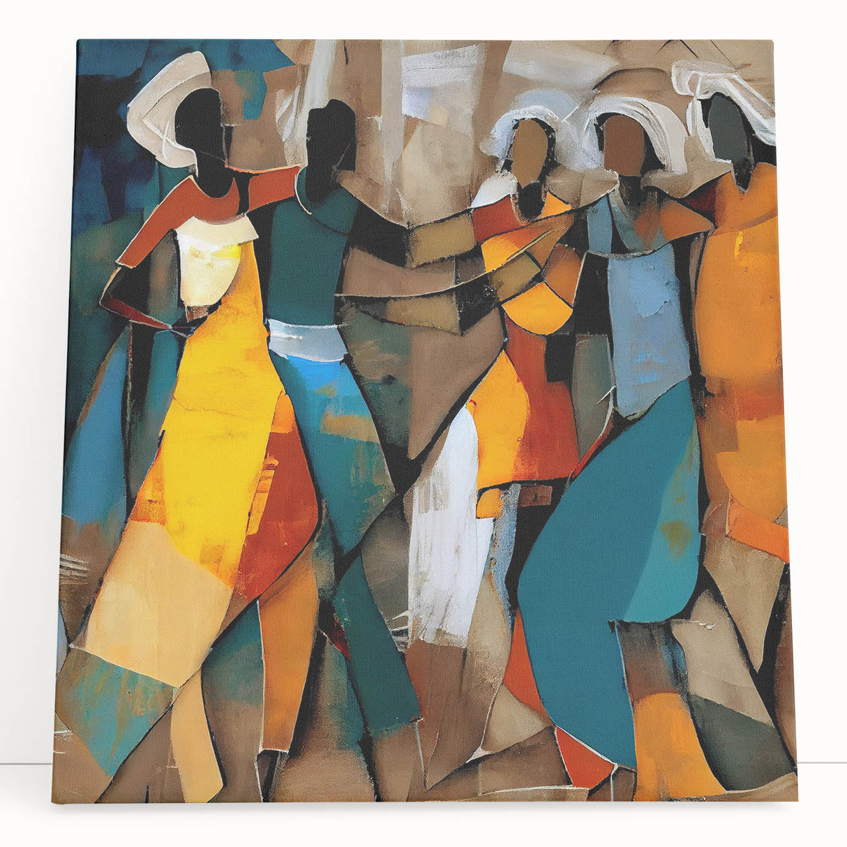 Colorful abstract figurative wall art on stretched canvas, featuring dynamic shapes and vibrant hues, ideal for modern home decor or artistic expression.