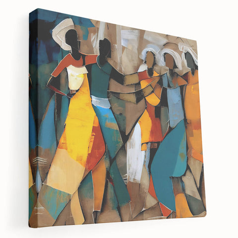 Abstract figurative wall art on stretched canvas showcasing vibrant colors and bold shapes, designed to enhance modern interiors with a unique artistic flair.