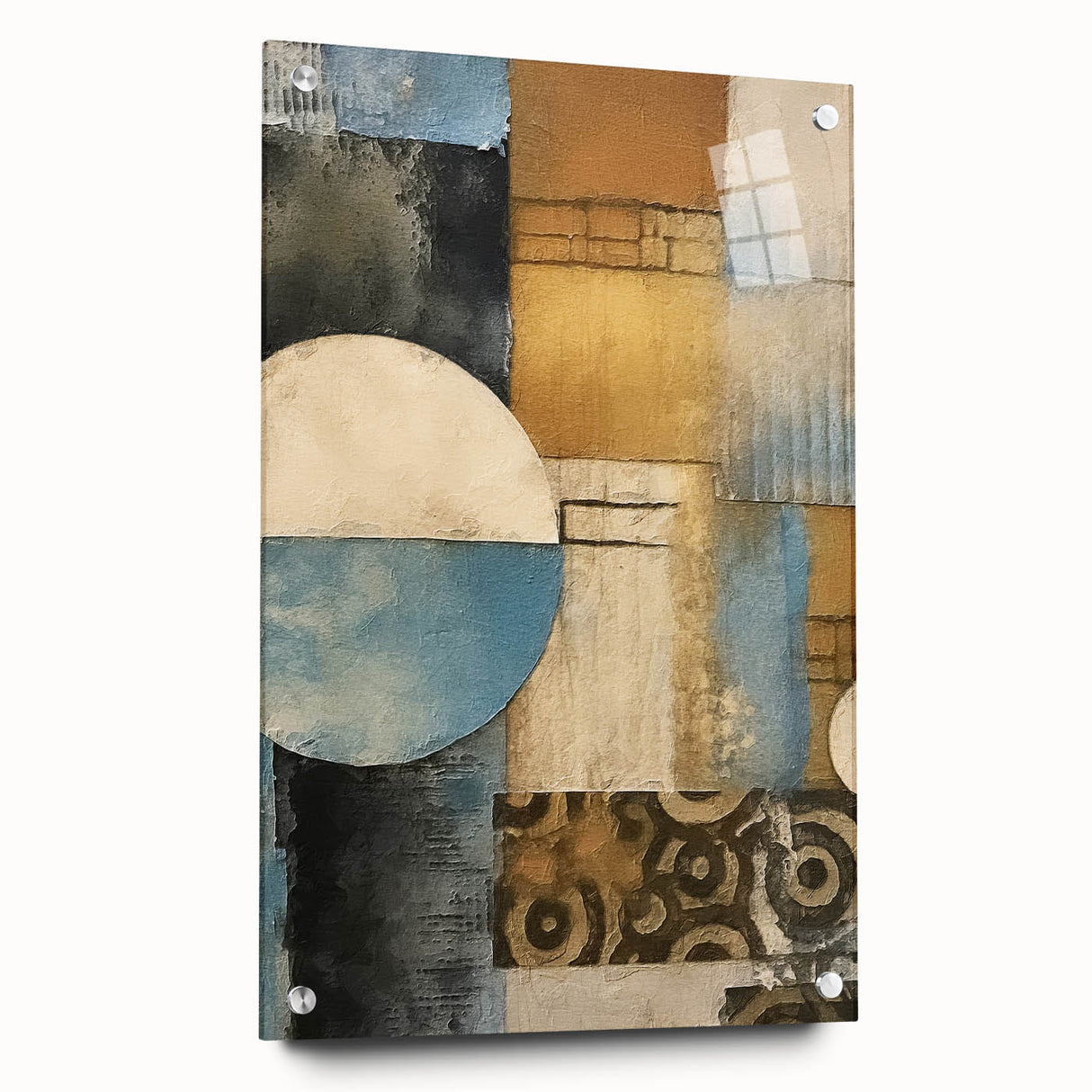 Abstract strokes wall art displayed in a side view, showcasing vibrant colors and textures with acrylic glass and pins for mounting. Ideal for modern decor.