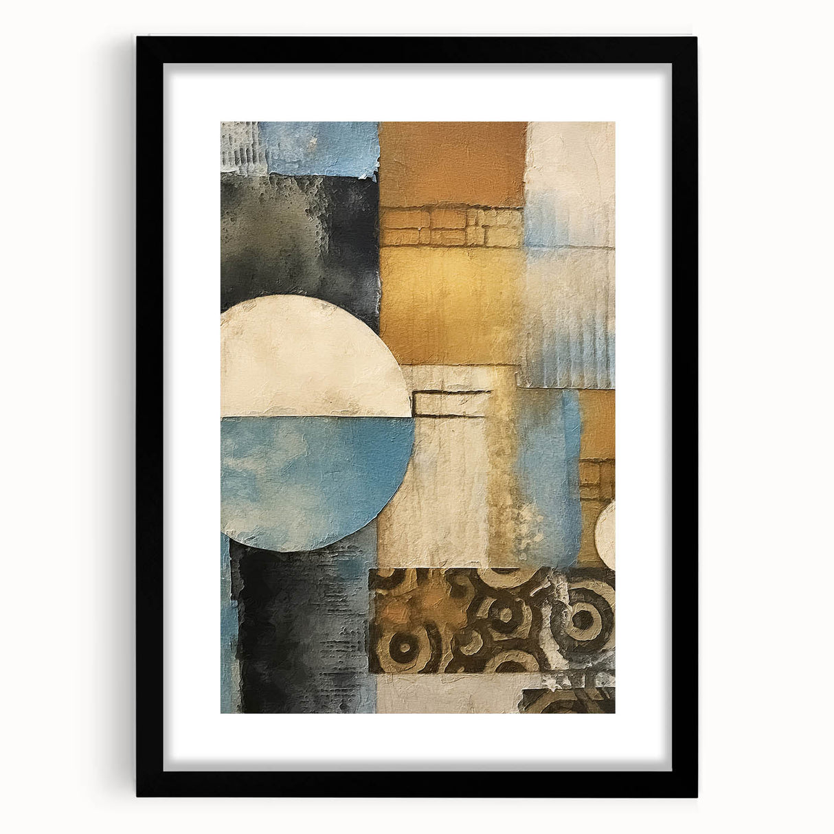 Abstract strokes wall art framed in black with a mat, showcasing vibrant colors and dynamic patterns, perfect for modern home decor or gallery settings.