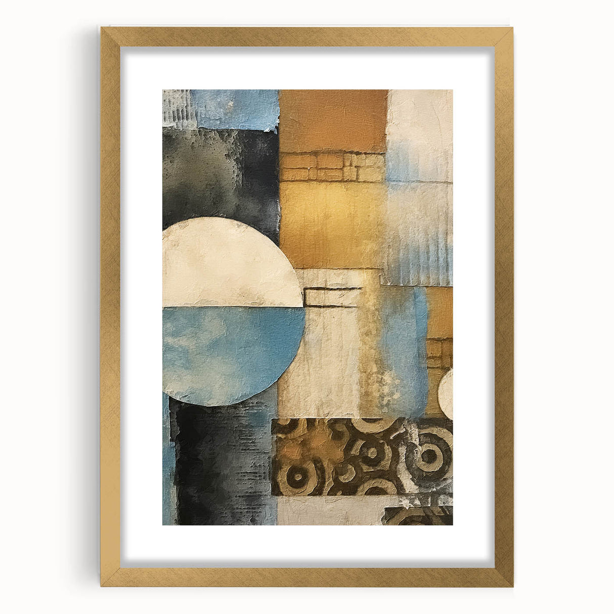 Abstract strokes wall art framed in gold, showcasing vibrant colors and dynamic patterns, perfect for modern decor. Ideal for enhancing contemporary living spaces.