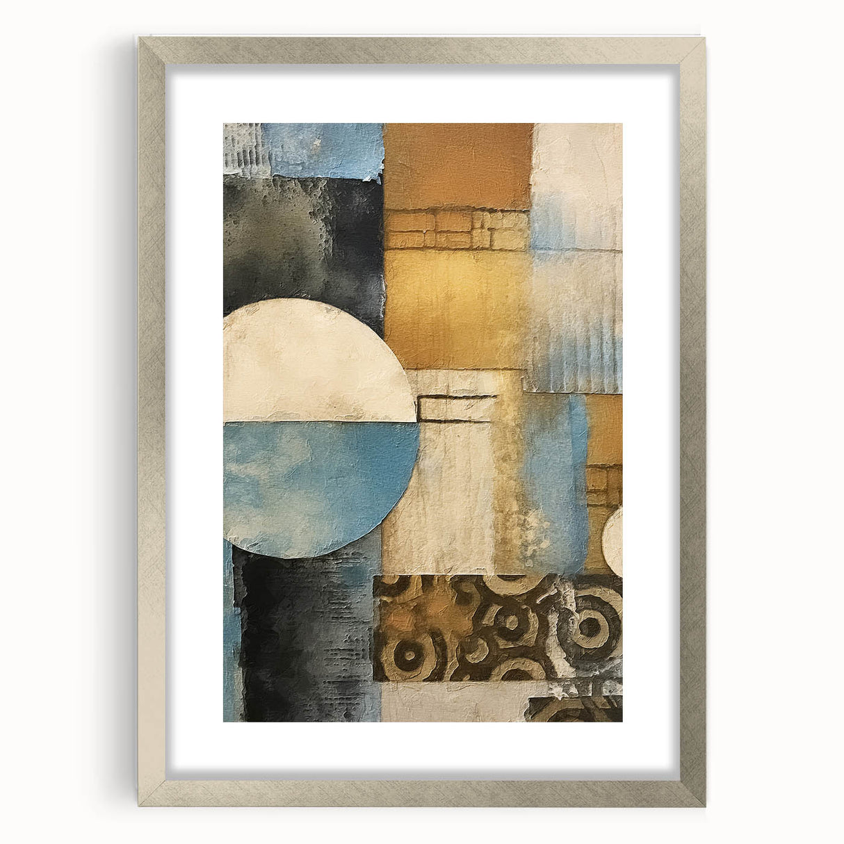 Abstract strokes wall art featuring a silver frame and mat, showcasing vibrant colors and dynamic brushwork, ideal for modern home decor and artistic interiors.