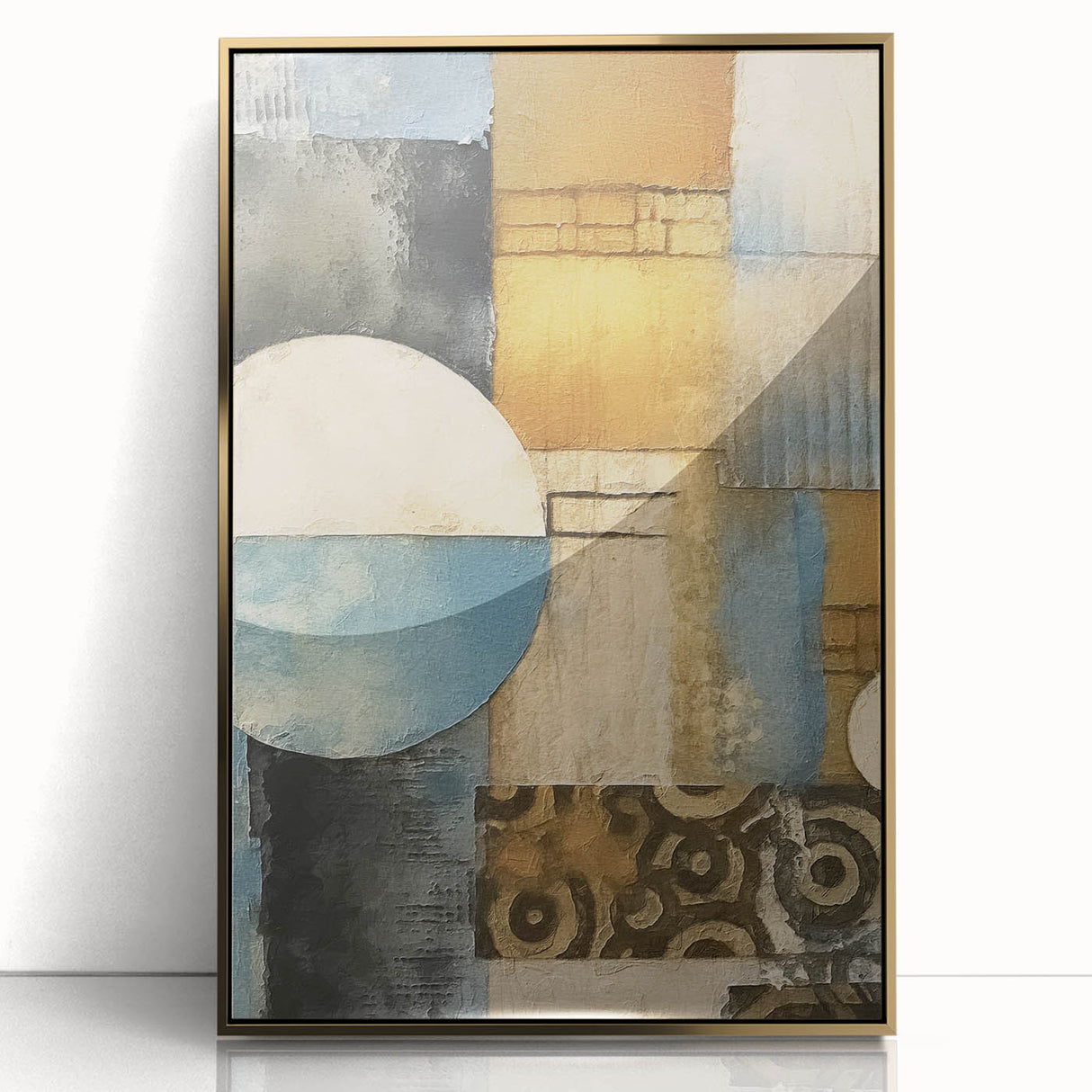 Framed abstract wall art featuring golden strokes against a textured background, ideal for modern decor. This elegant piece adds sophistication to any space.