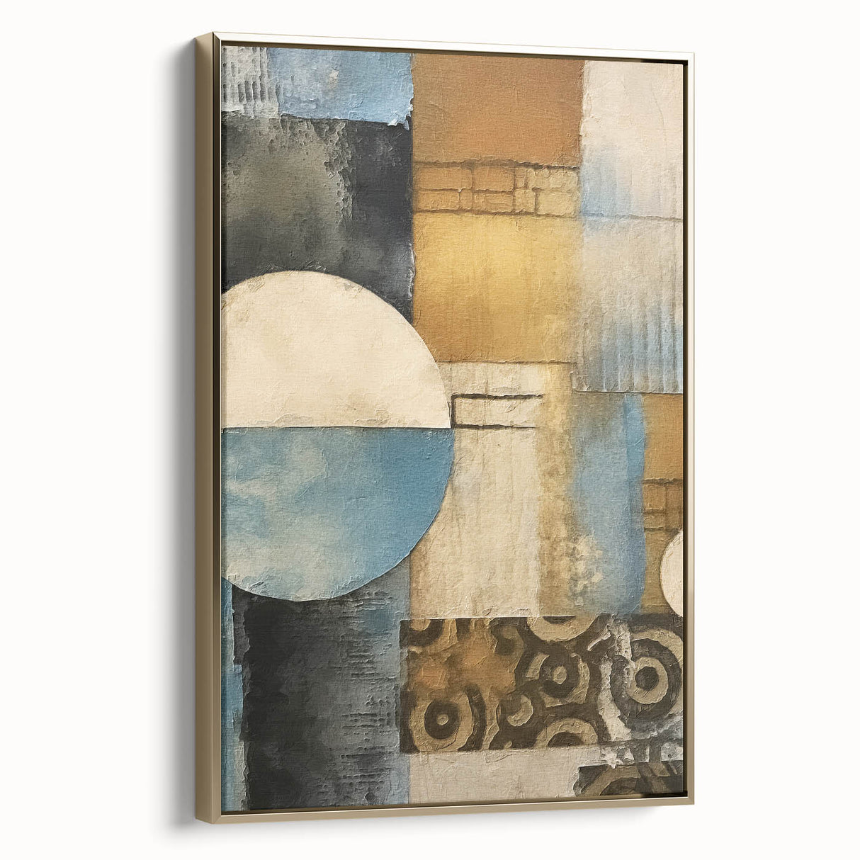 Framed canvas wall art showcasing an abstract design with gold strokes, adding a touch of elegance to modern decor. Ideal for home or office settings.