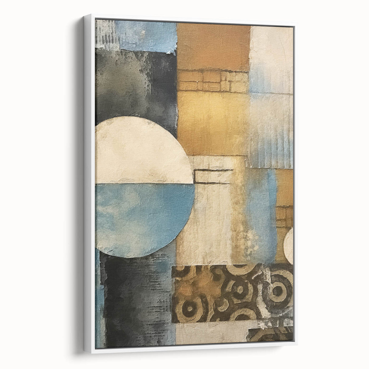 Framed abstract strokes wall art in a sleek white frame, showcasing vibrant colors and dynamic patterns, ideal for modern home decor. The side view highlights the canvas texture and elegant presentation, enhancing any living space.