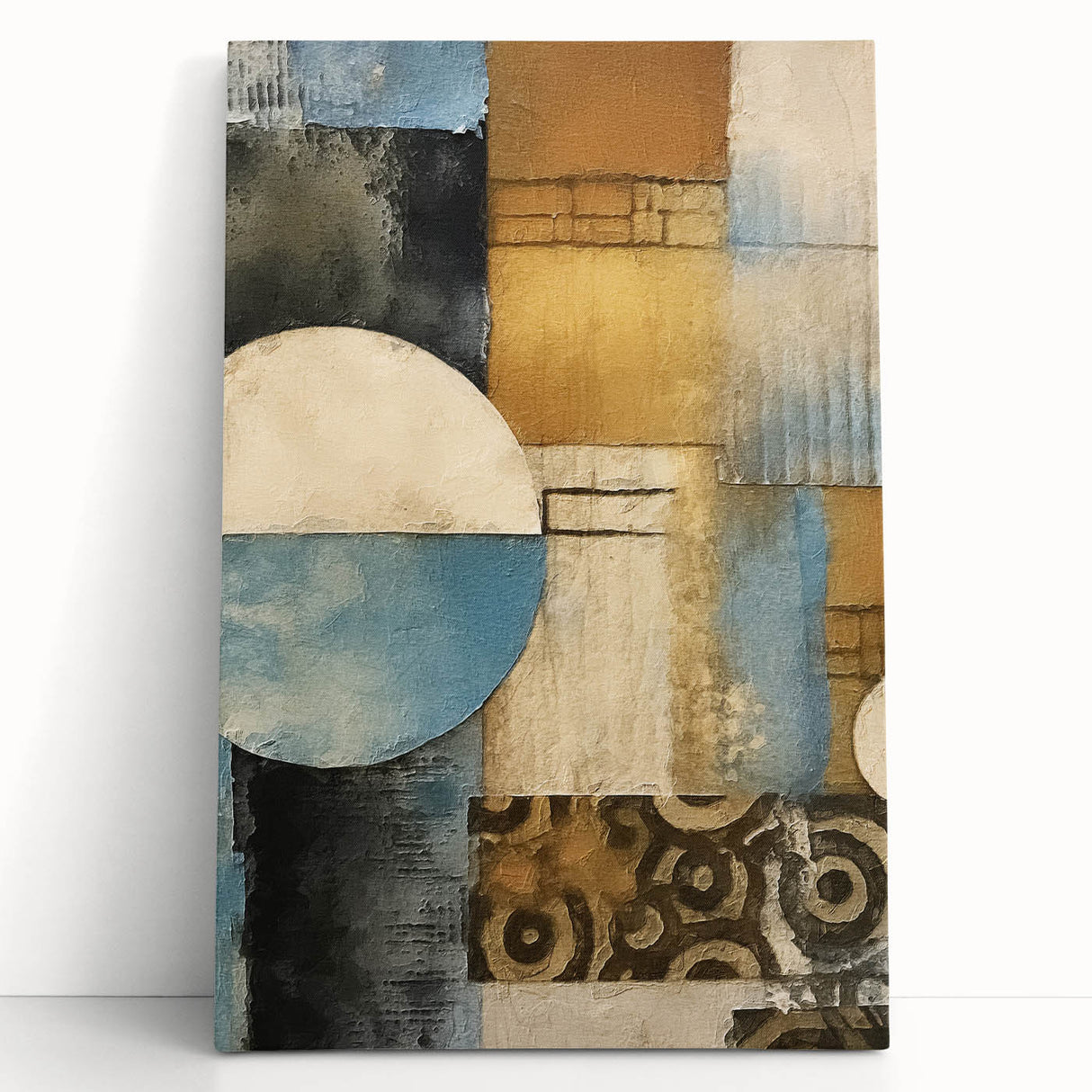 Abstract wall art featuring vibrant strokes in shades of blue, pink, and gold on a stretched canvas. Perfect for modern decor, leaning against a neutral background, adding a pop of color and artistic flair to any room.