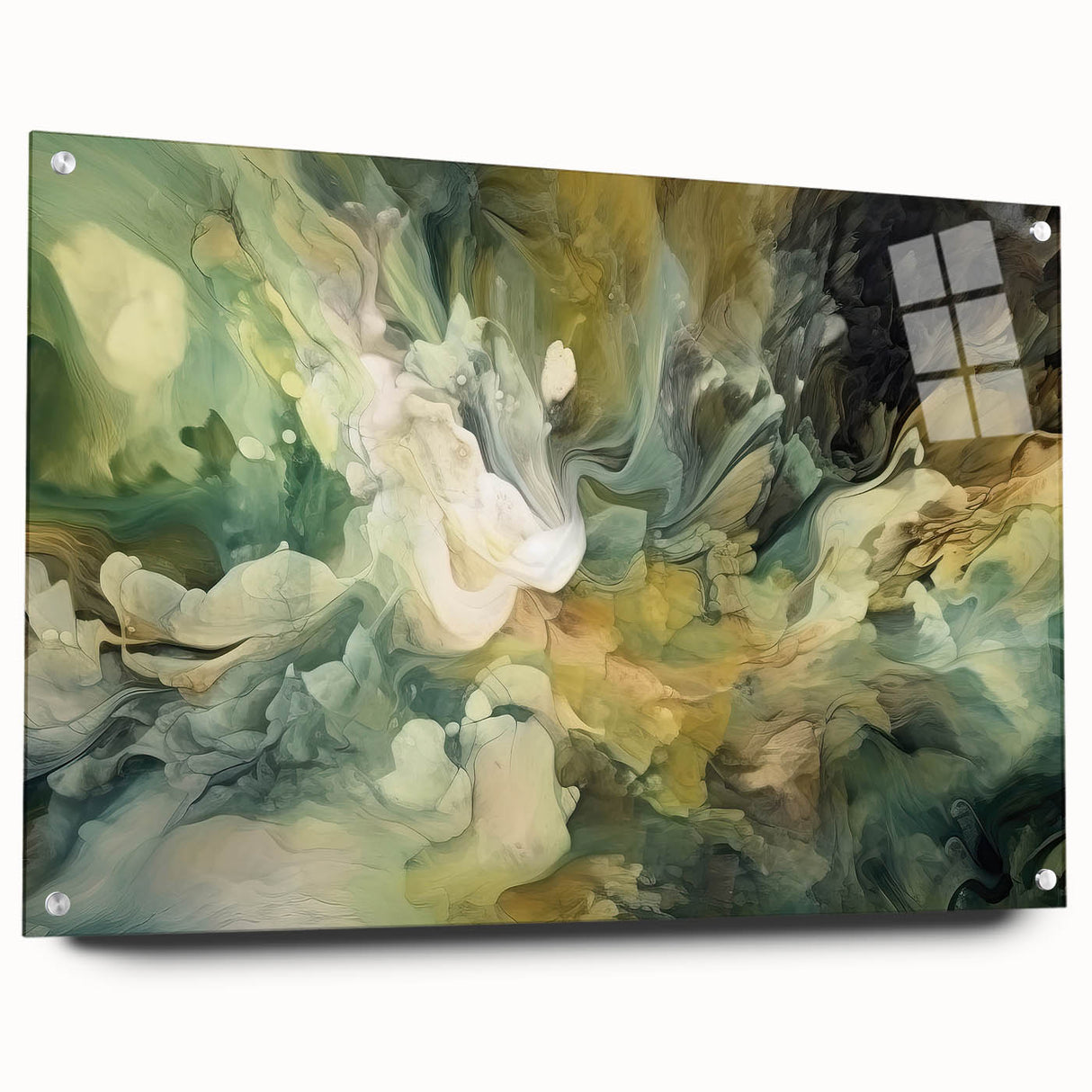 Abstract wall art featuring vibrant strokes in blue, orange, and yellow on acrylic glass, showcasing a modern design with sleek pins for easy display. Perfect for contemporary home decor.