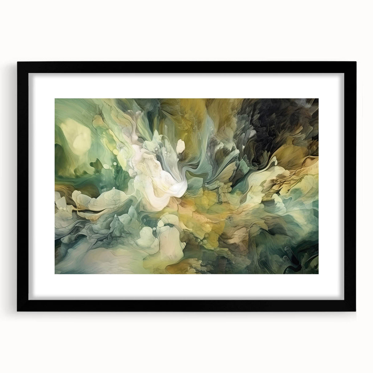 Abstract wall art featuring vibrant strokes in shades of blue, pink, and gold, elegantly framed with a black mat, perfect for modern home decor.