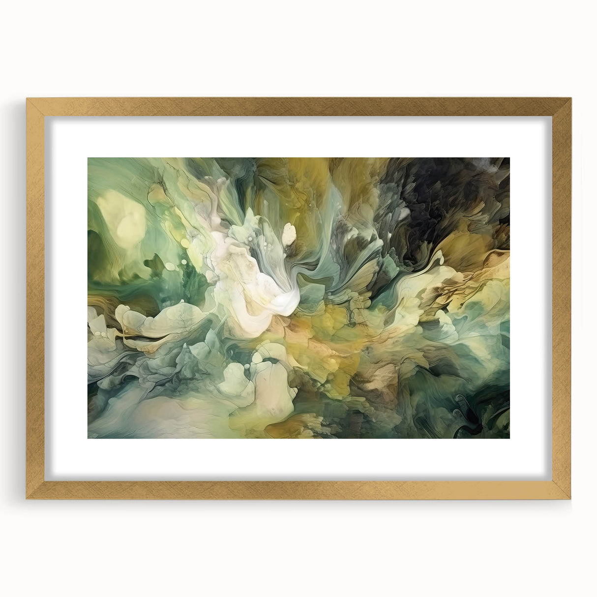 Abstract strokes wall art print in a sleek gold frame with a mat, showcasing vibrant colors and dynamic brushwork, perfect for modern home decor.