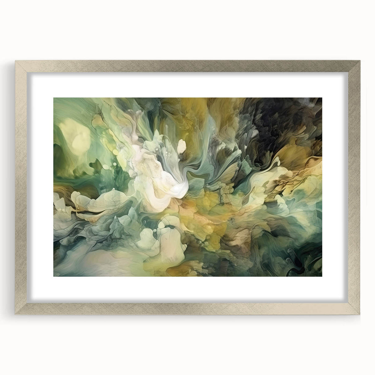 Abstract wall art print showcasing vibrant strokes in a silver frame with a mat, ideal for modern home decor. Perfect for adding a pop of color to any room.