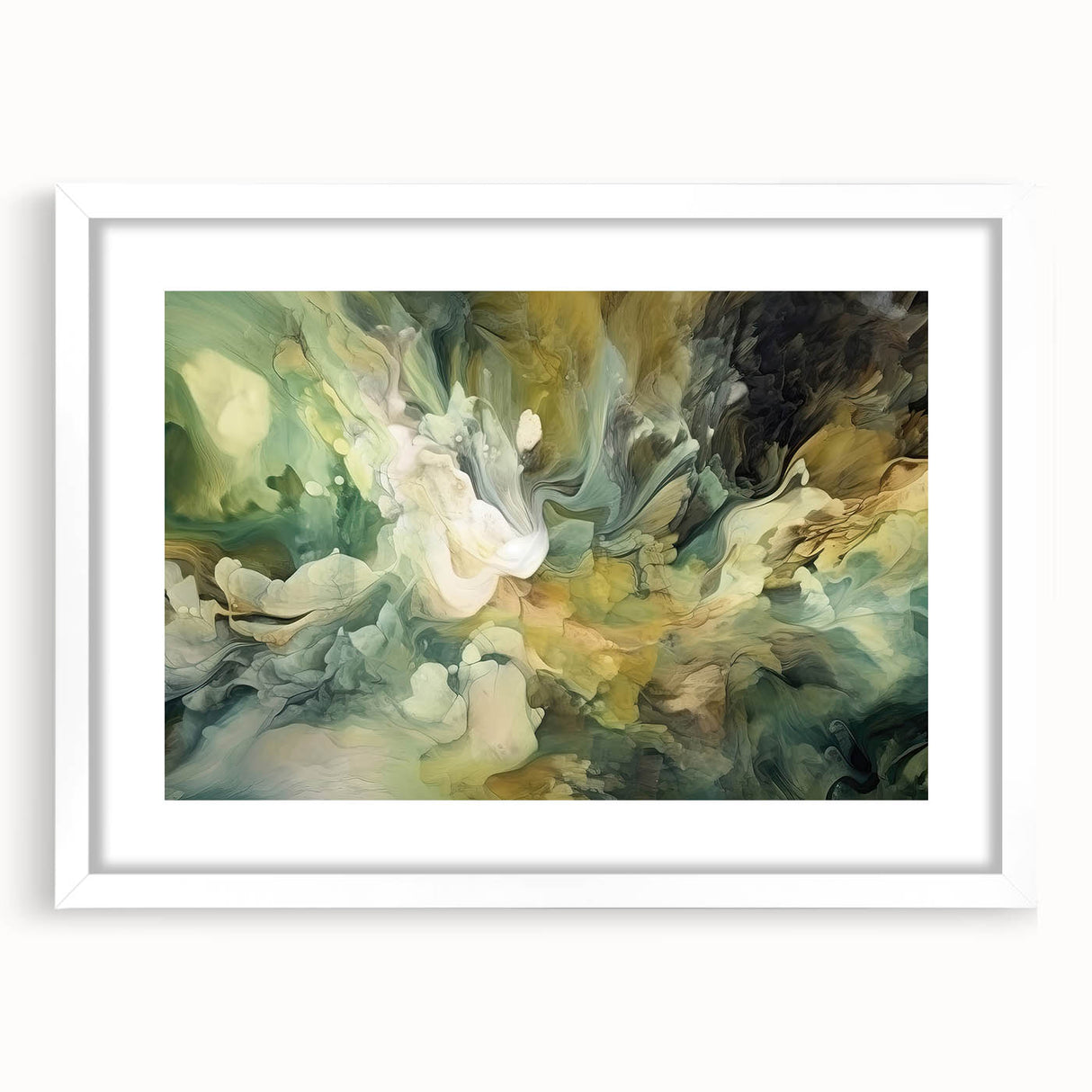 Abstract wall art featuring vibrant strokes in shades of blue, orange, and white, framed with a sleek white mat, perfect for modern home decor.