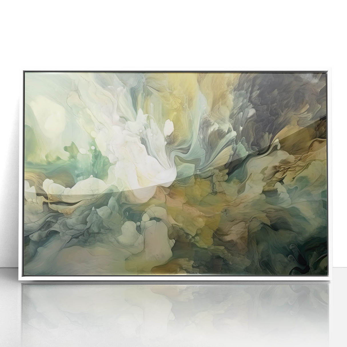 Framed abstract strokes wall art in white and acrylic finish, showcasing dynamic brush patterns and vibrant colors, perfect for modern home decor.