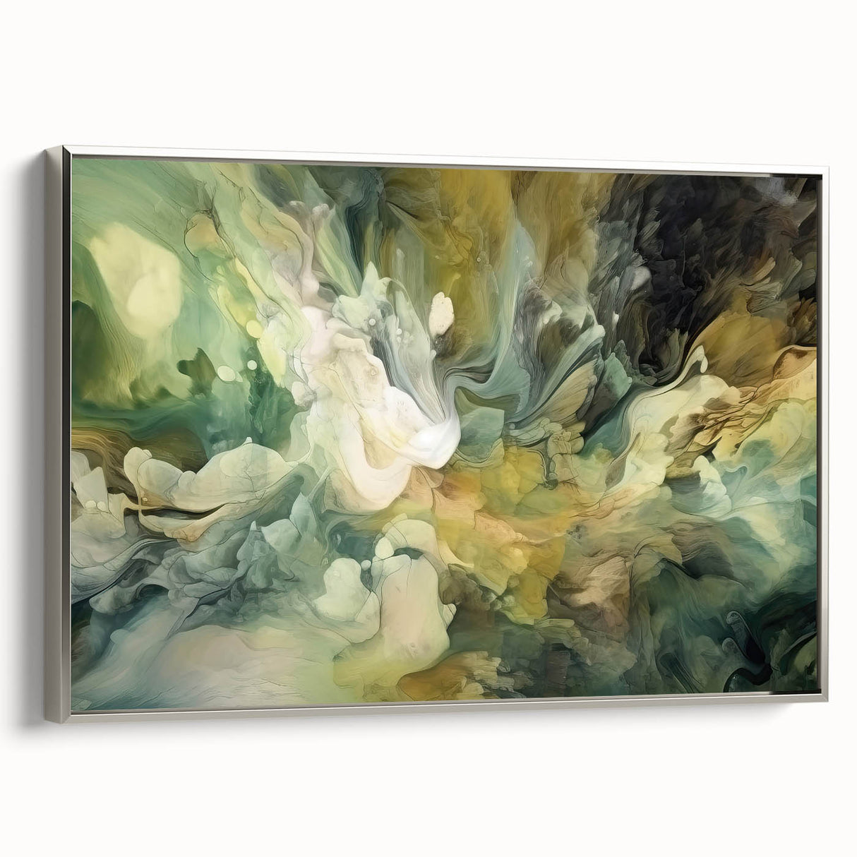 Framed wall art showcasing abstract strokes in silver tones, perfect for modern home decor. Side view highlights the sleek frame and textured canvas details.