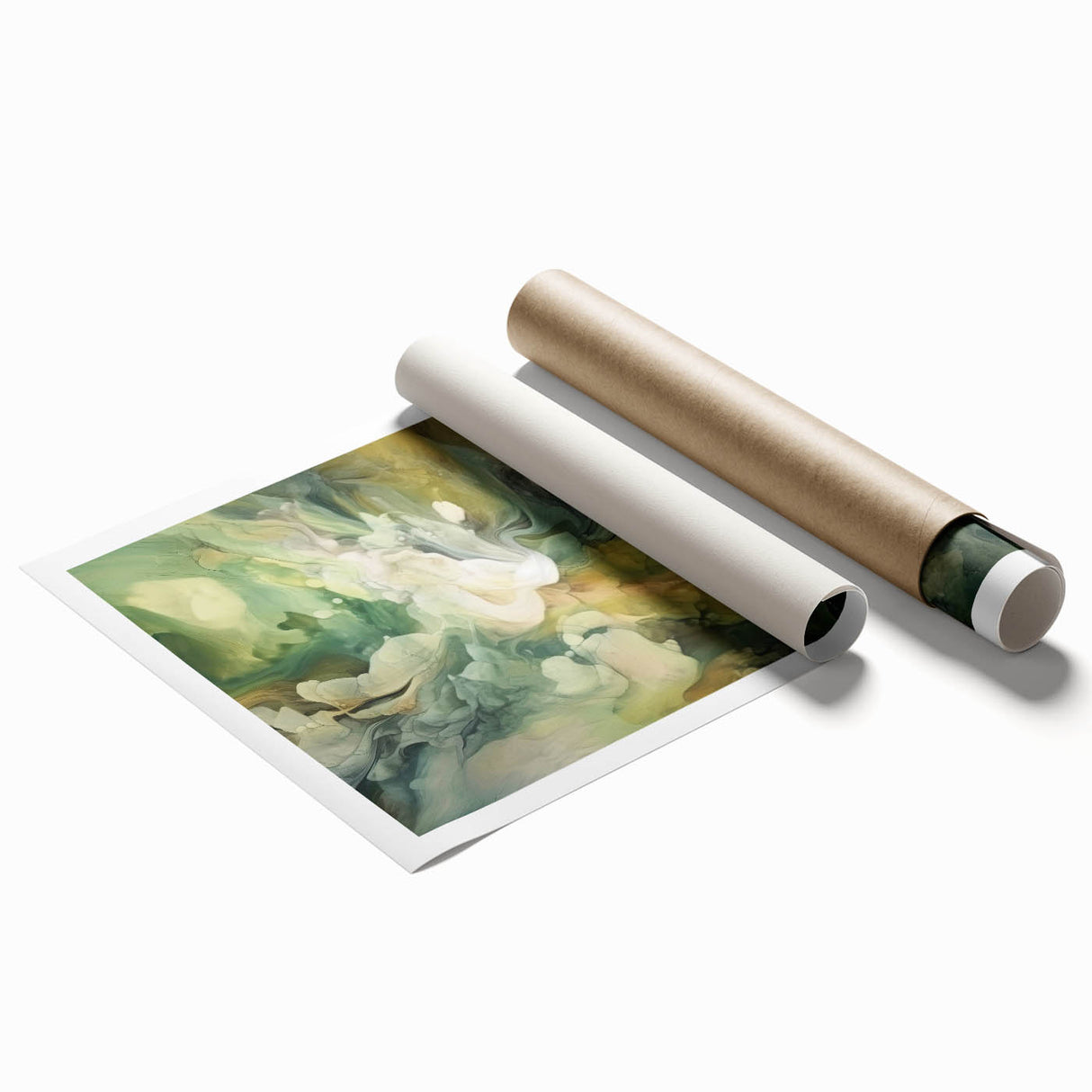 Abstract wall art print showcasing vibrant strokes in shades of blue, orange, and yellow, rolled and ready for display, perfect for modern home decor.