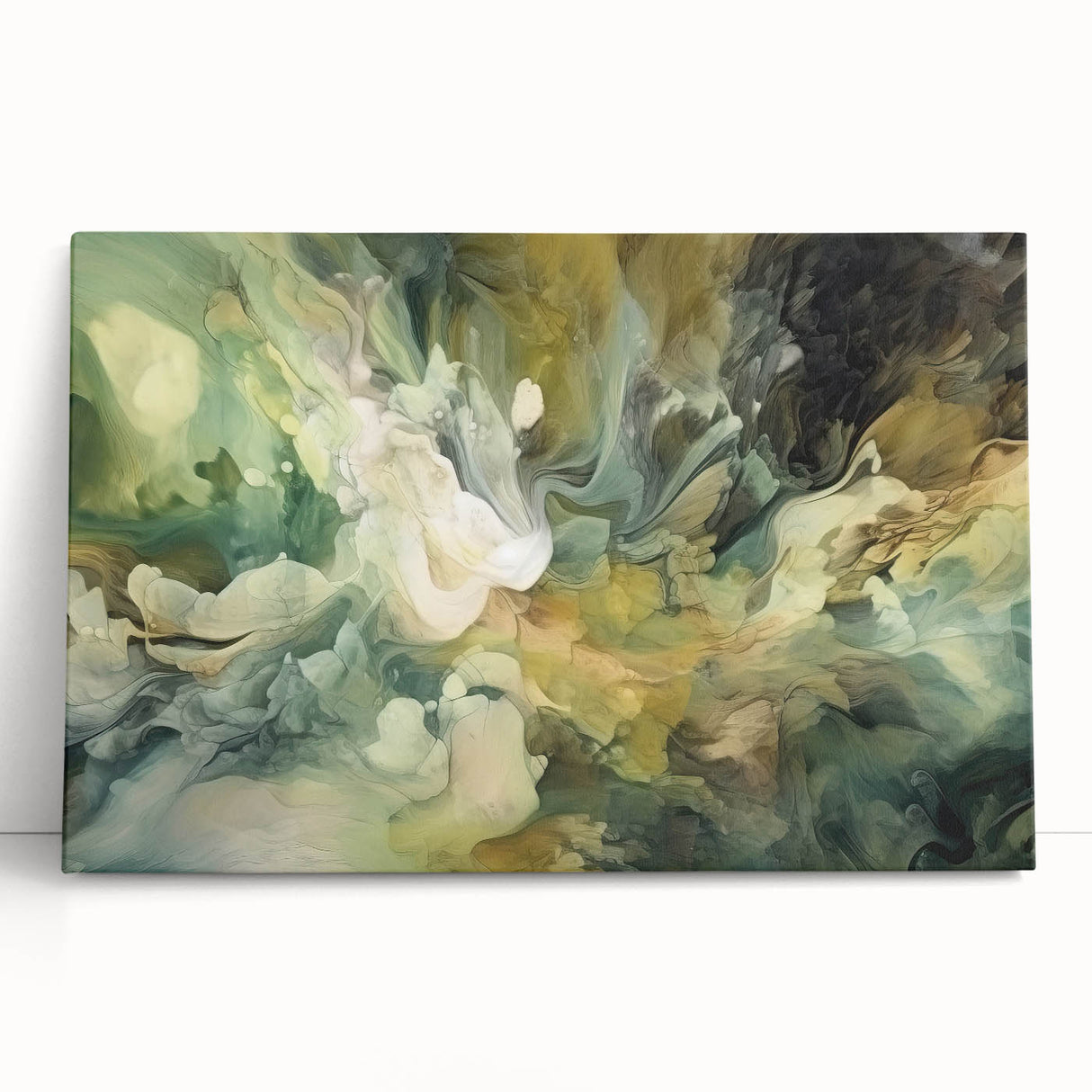 Abstract wall art featuring bold, colorful strokes on a stretched canvas, elegantly leaning against a neutral wall, perfect for modern home decor.
