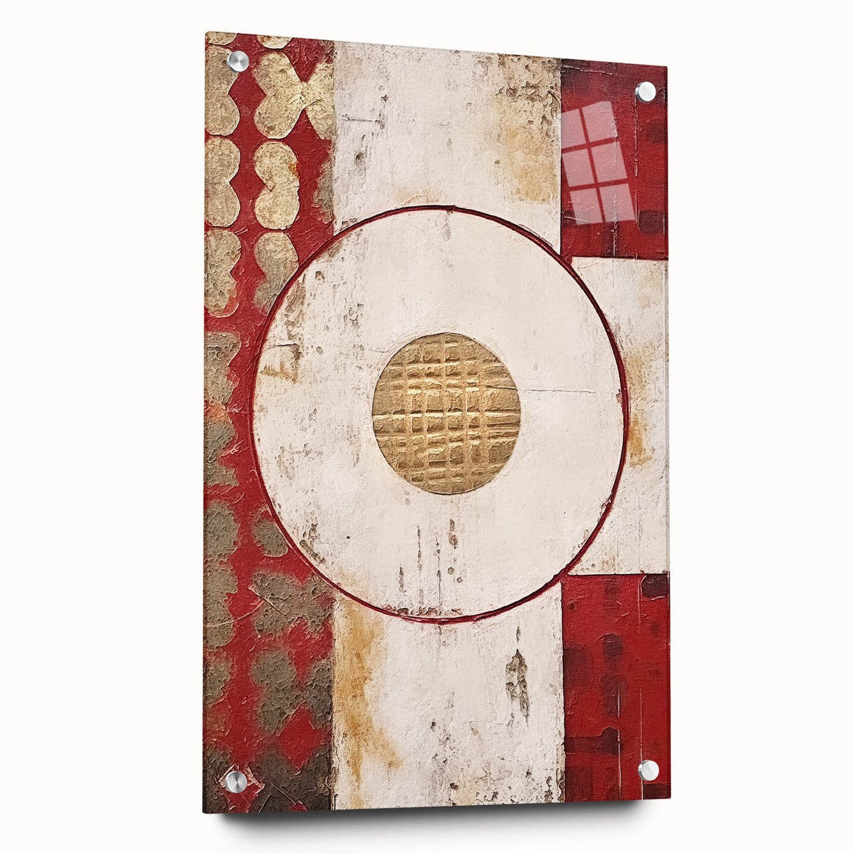 Abstract wall art print featuring vibrant strokes in bold colors, showcased in acrylic glass with pins for a modern display; perfect for contemporary decor.