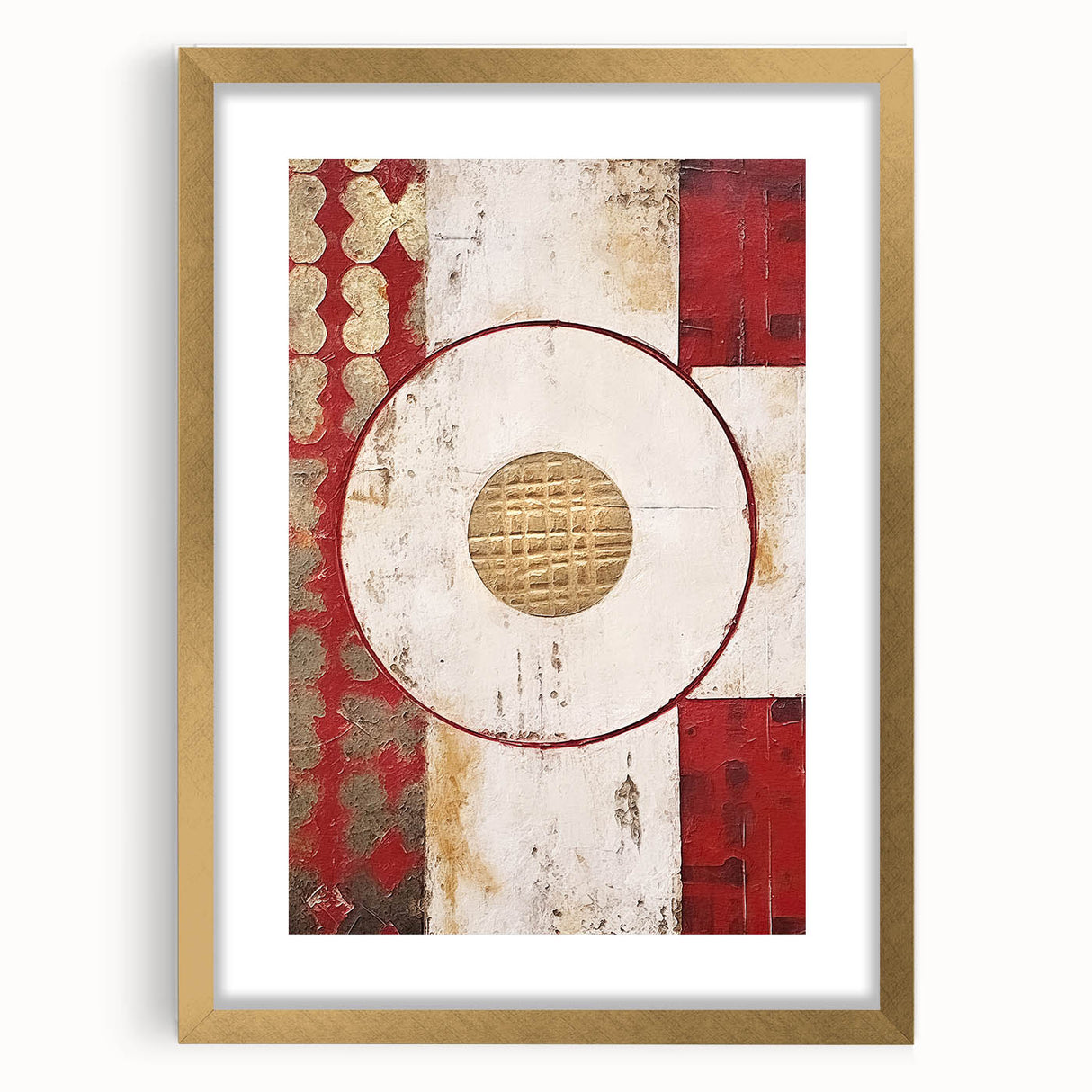 Abstract wall art featuring bold, colorful strokes in gold and neutral tones, elegantly framed with a mat, perfect for modern home decor.