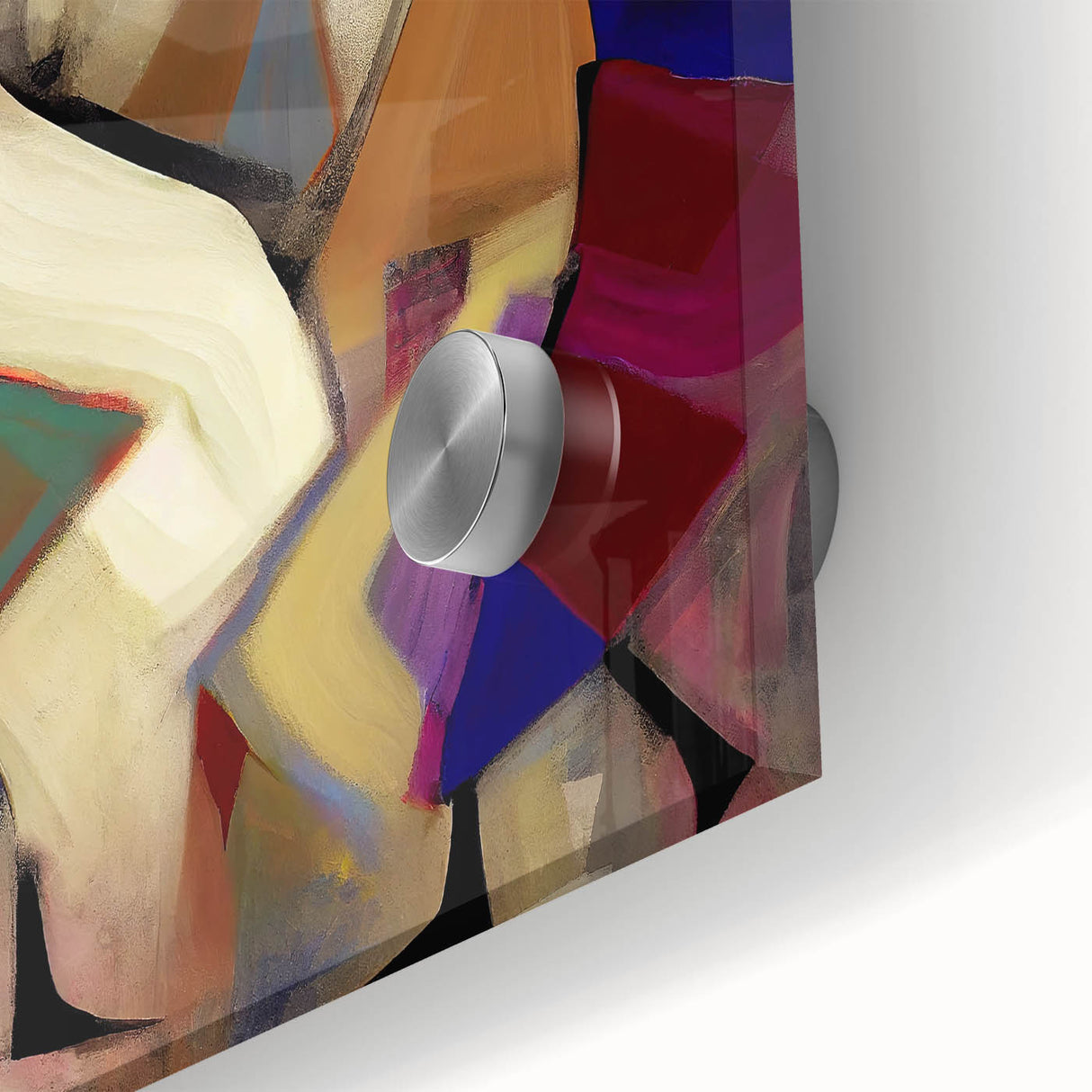 Close-up view of vibrant abstract figurative wall art on acrylic glass, showcasing intricate colors and unique textures, perfect for modern decor.