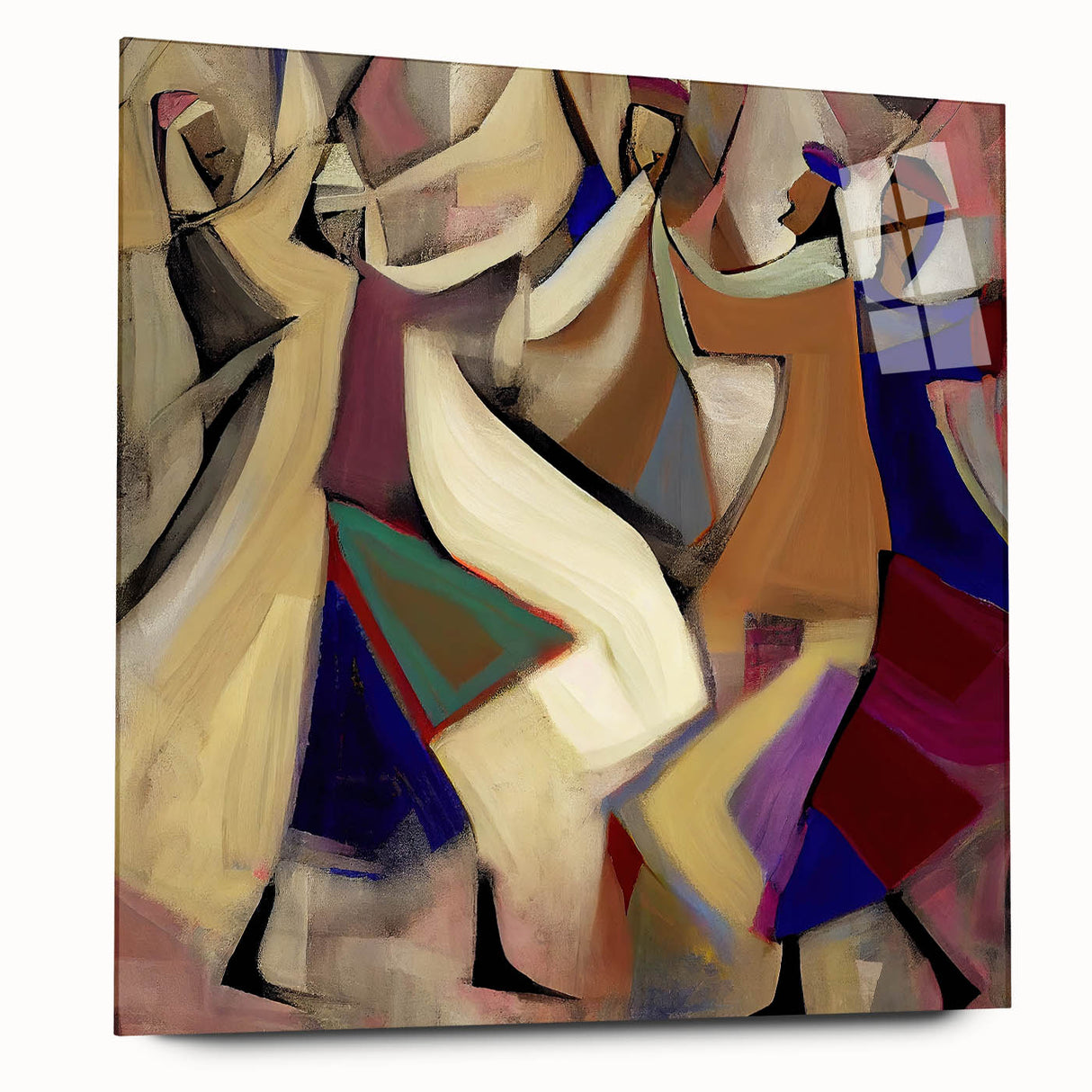Abstract figurative wall art displayed in acrylic glass, showcasing vibrant colors and intricate patterns, ideal for modern home decor. Styled in a minimalist setting, it enhances any room's aesthetic appeal.