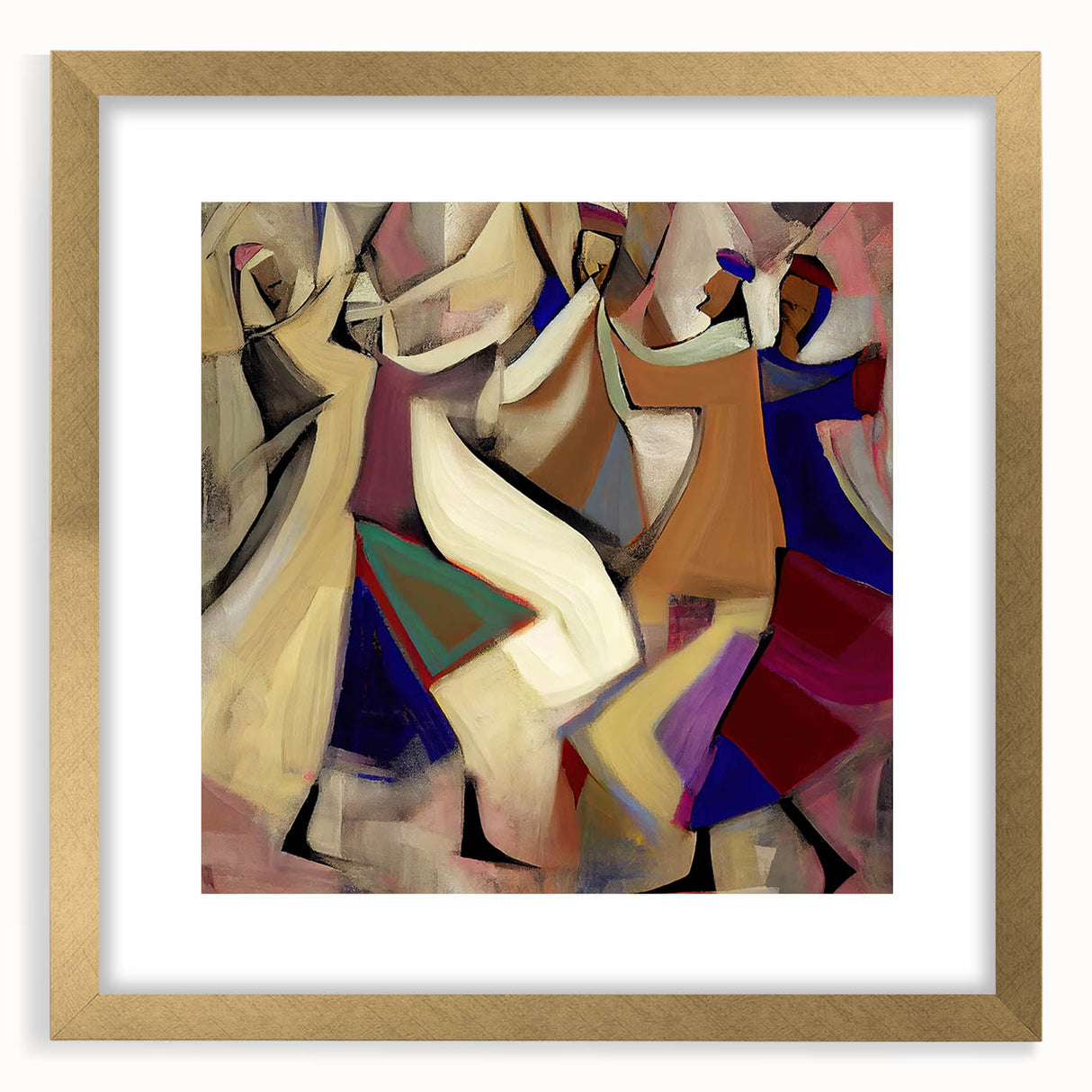 Abstract figurative wall art framed in gold with a white mat, showcasing vibrant colors and dynamic shapes, perfect for modern home decor.