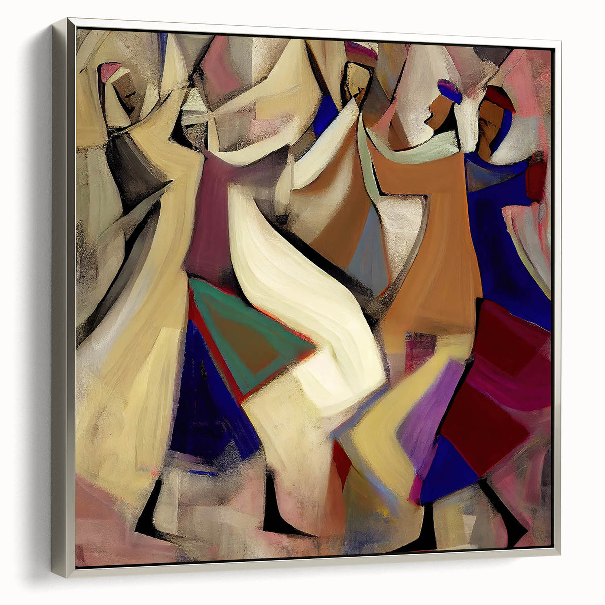 Framed abstract figurative wall art in silver, showcasing dynamic shapes and colors, ideal for modern home decor. View from the side highlights its elegance.