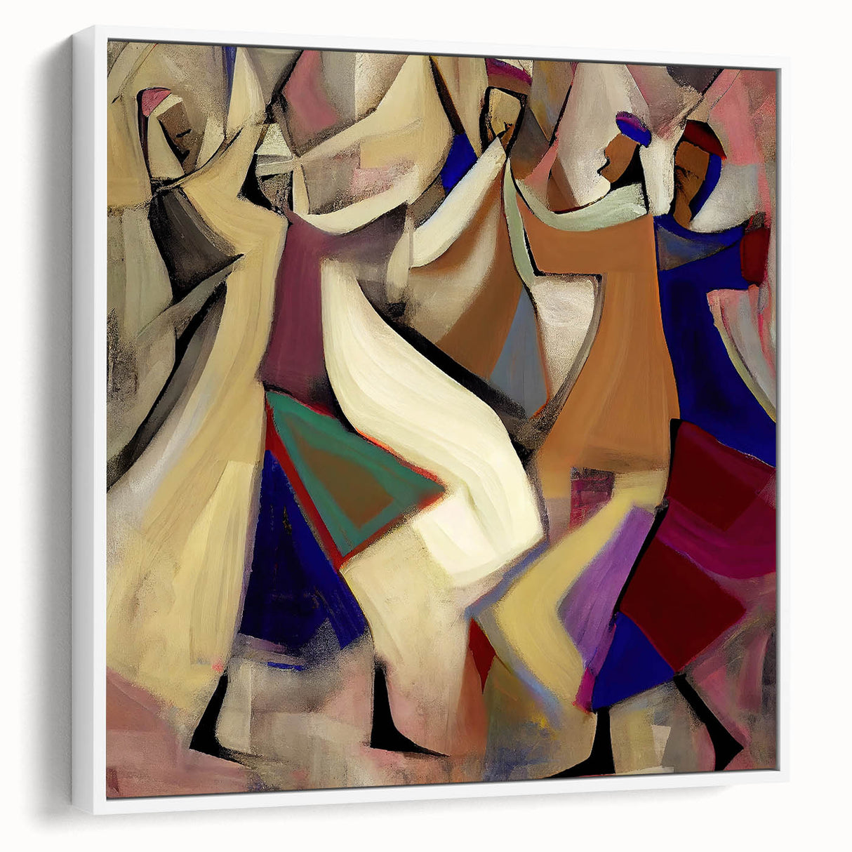 Abstract figurative wall art in a white frame, showcasing vibrant colors and dynamic shapes, ideal for modern home decor or artistic spaces.
