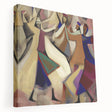 Abstract figurative wall art featuring vibrant colors and dynamic shapes on a stretched canvas, showcasing a modern design that enhances any interior space.