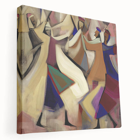 Abstract figurative wall art featuring vibrant colors and dynamic shapes on a stretched canvas, showcasing a modern design that enhances any interior space.