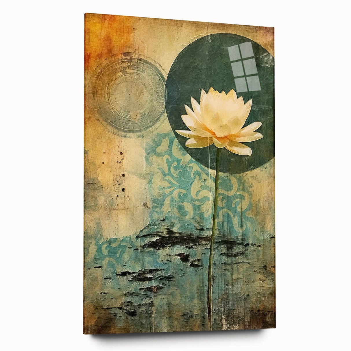 Abstract floral wall art displayed in acrylic glass, showcasing vibrant colors and intricate designs, perfect for modern home decor. Side view highlights its sleek finish.