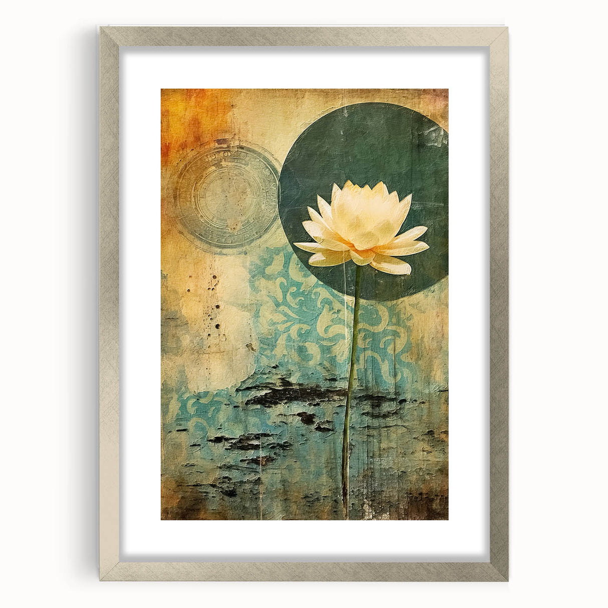 Abstract floral wall art framed in silver with a mat, showcasing vibrant colors and intricate patterns, perfect for enhancing modern home decor.