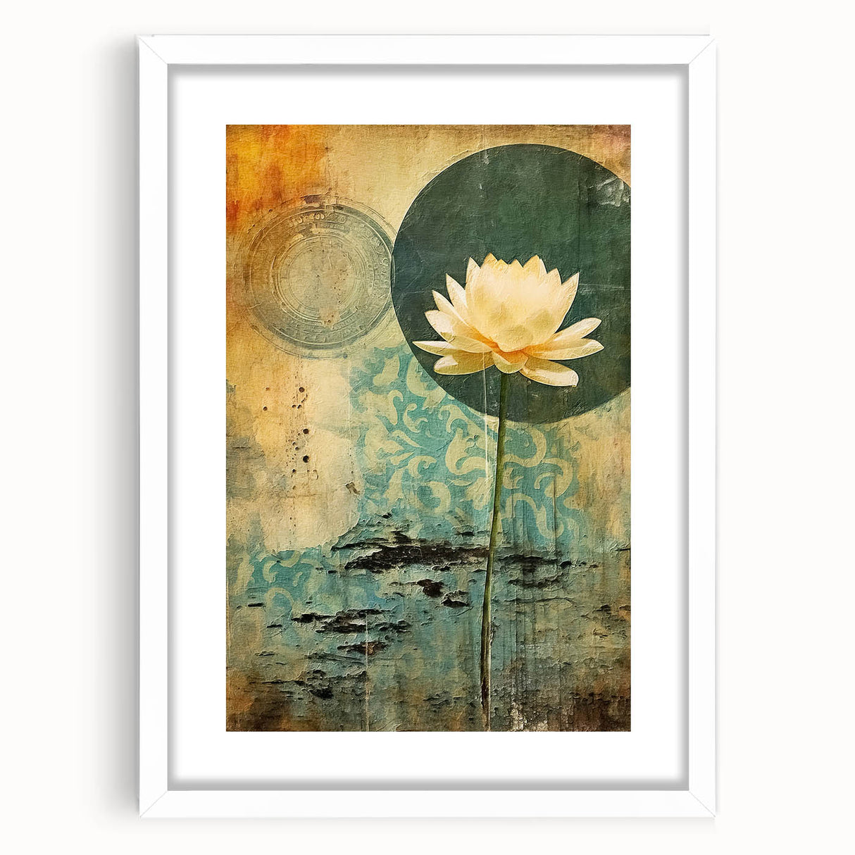 Abstract floral wall art featuring vibrant colors and intricate designs, framed with a white mat, perfect for modern home decor. Ideal for adding a touch of elegance to any room.