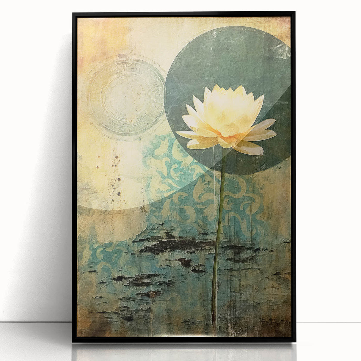 Framed abstract floral wall art showcasing vibrant colors and intricate designs, displayed against a sleek black frame, perfect for modern home decor.