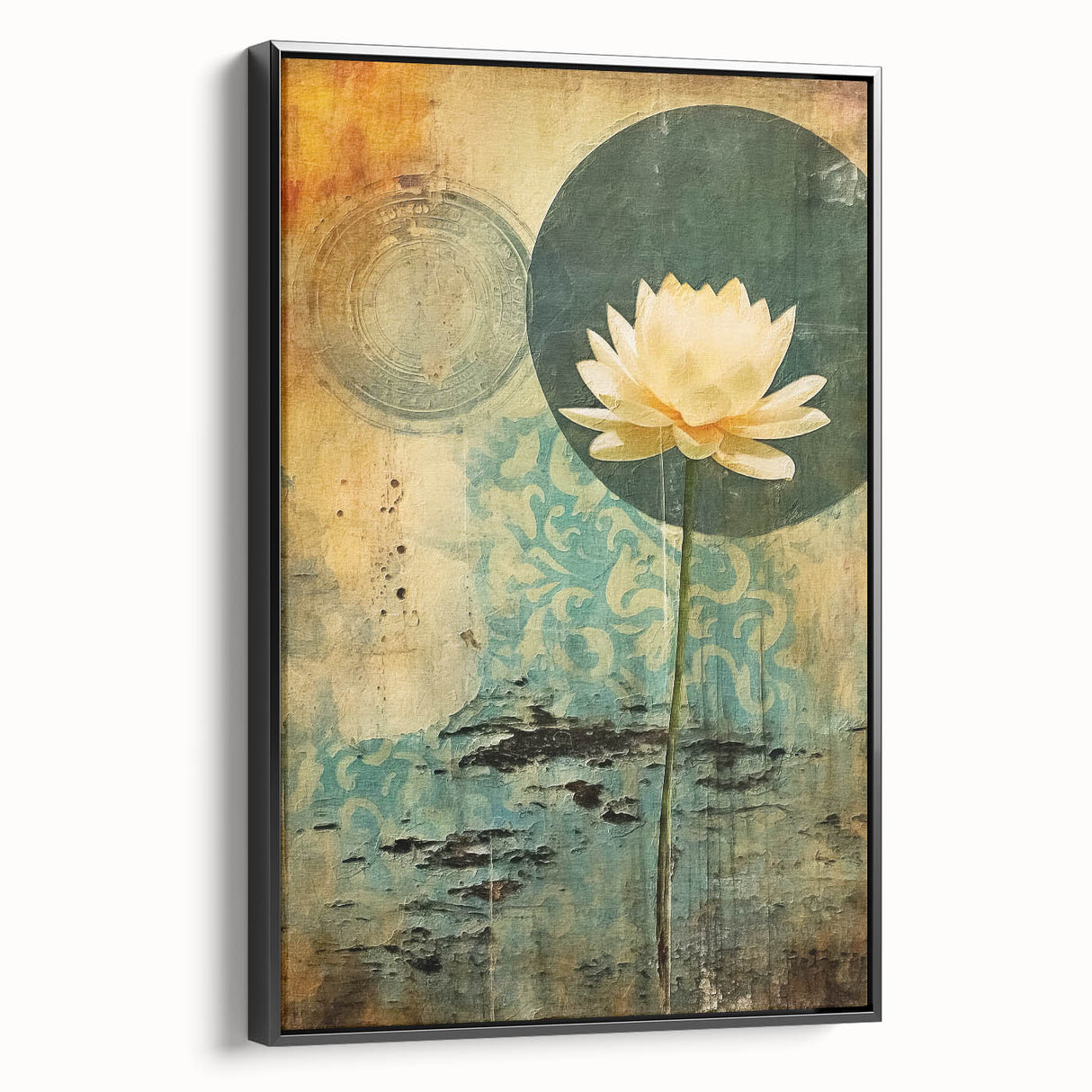 Framed abstract floral wall art on black canvas, showcasing vibrant colors and intricate designs, displayed from a side view in a modern setting. Perfect for home decor.