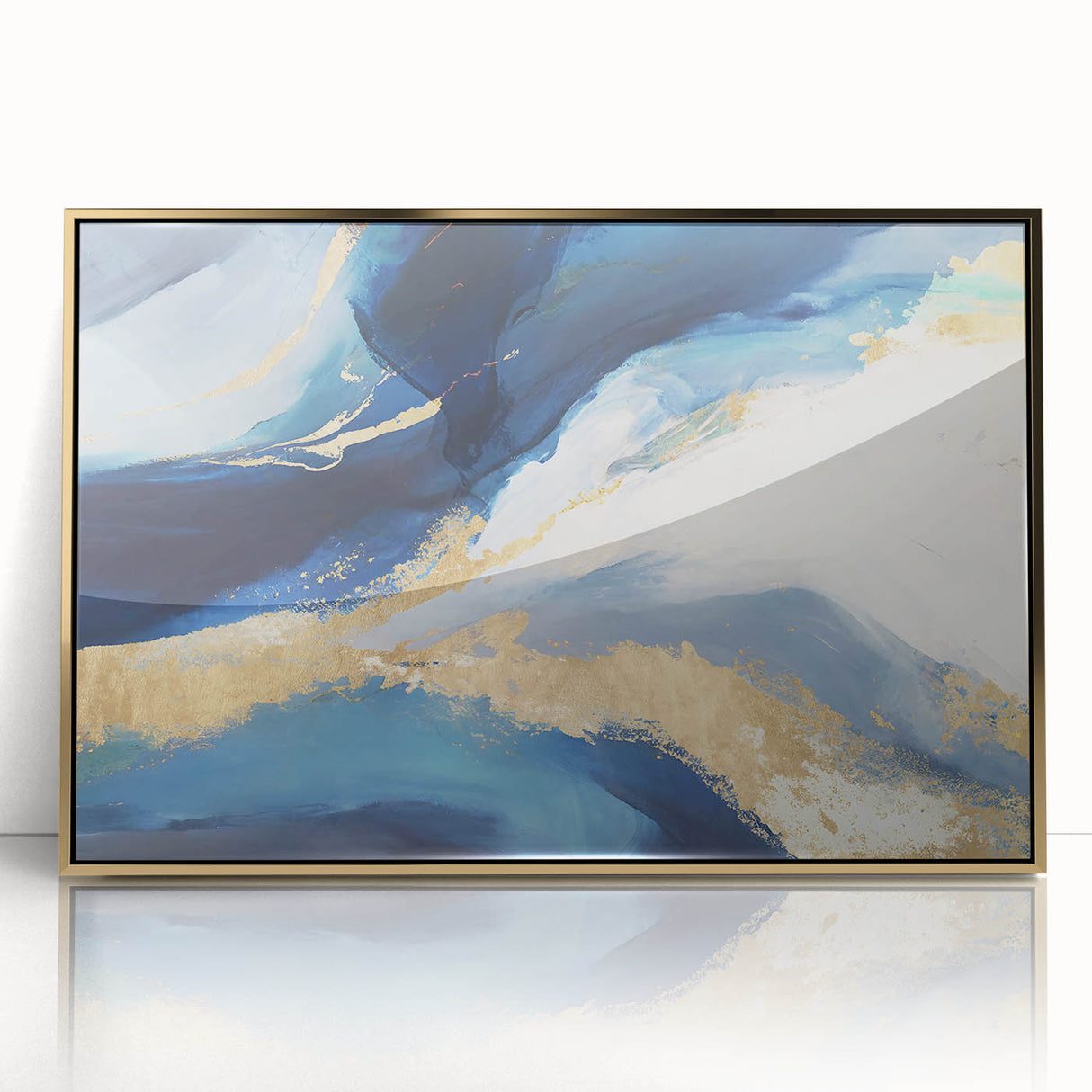 Framed abstract wall art featuring gold-accented strokes on an acrylic surface, perfect for modern home decor. Ideal for enhancing living spaces with elegance.
