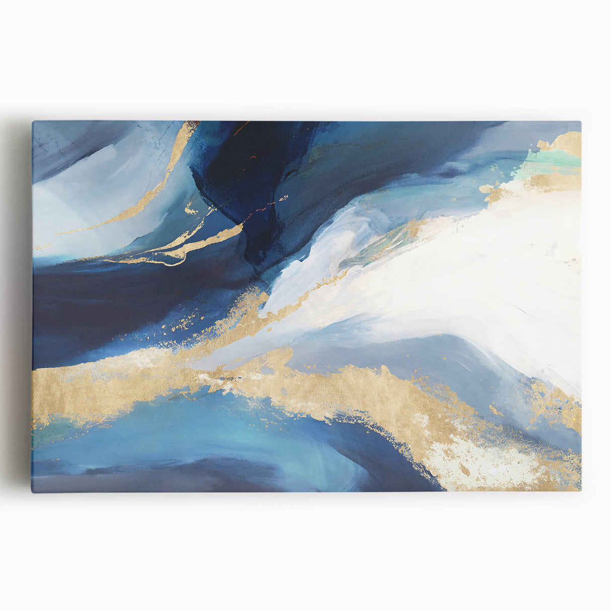 Abstract strokes wall art on stretched canvas showcasing vibrant colors of blue, orange, and yellow, perfect for modern home decor. This artwork adds a dynamic touch to any room.