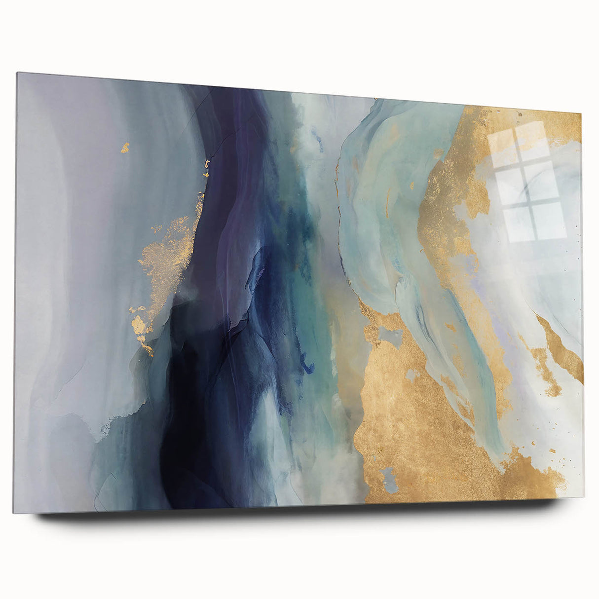 Abstract wall art featuring vibrant strokes in hues of blue, pink, and gold, displayed in an elegant acrylic glass frame, highlighting contemporary design.