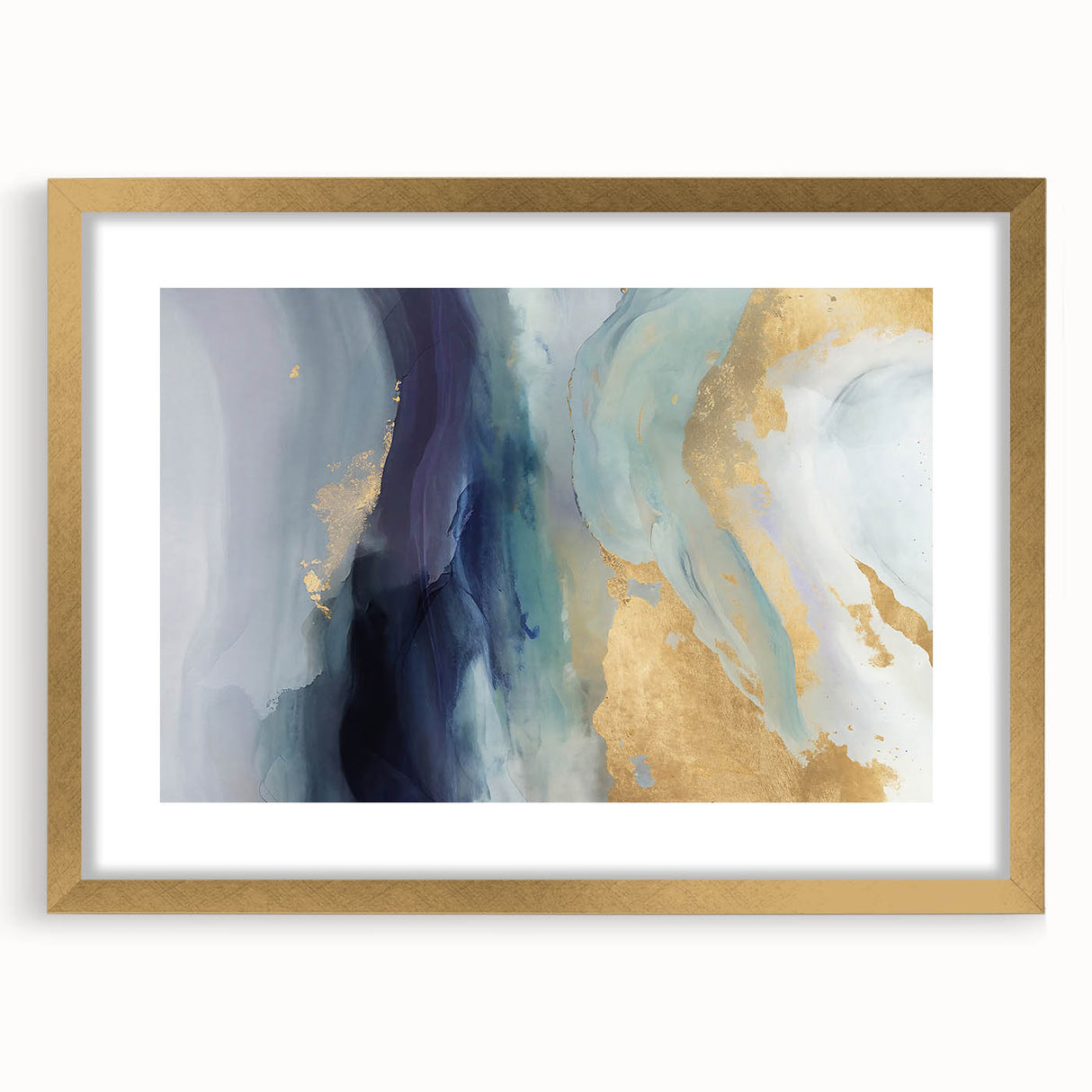 Abstract wall art featuring vibrant strokes in shades of gold, framed with a mat, showcasing modern design elements for stylish home decor. Perfect for enhancing contemporary interiors.