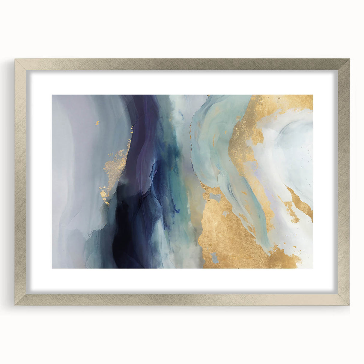 Abstract wall art featuring vibrant strokes in a silver frame with a mat, ideal for modern decor. Perfect for adding a contemporary touch to any living space.