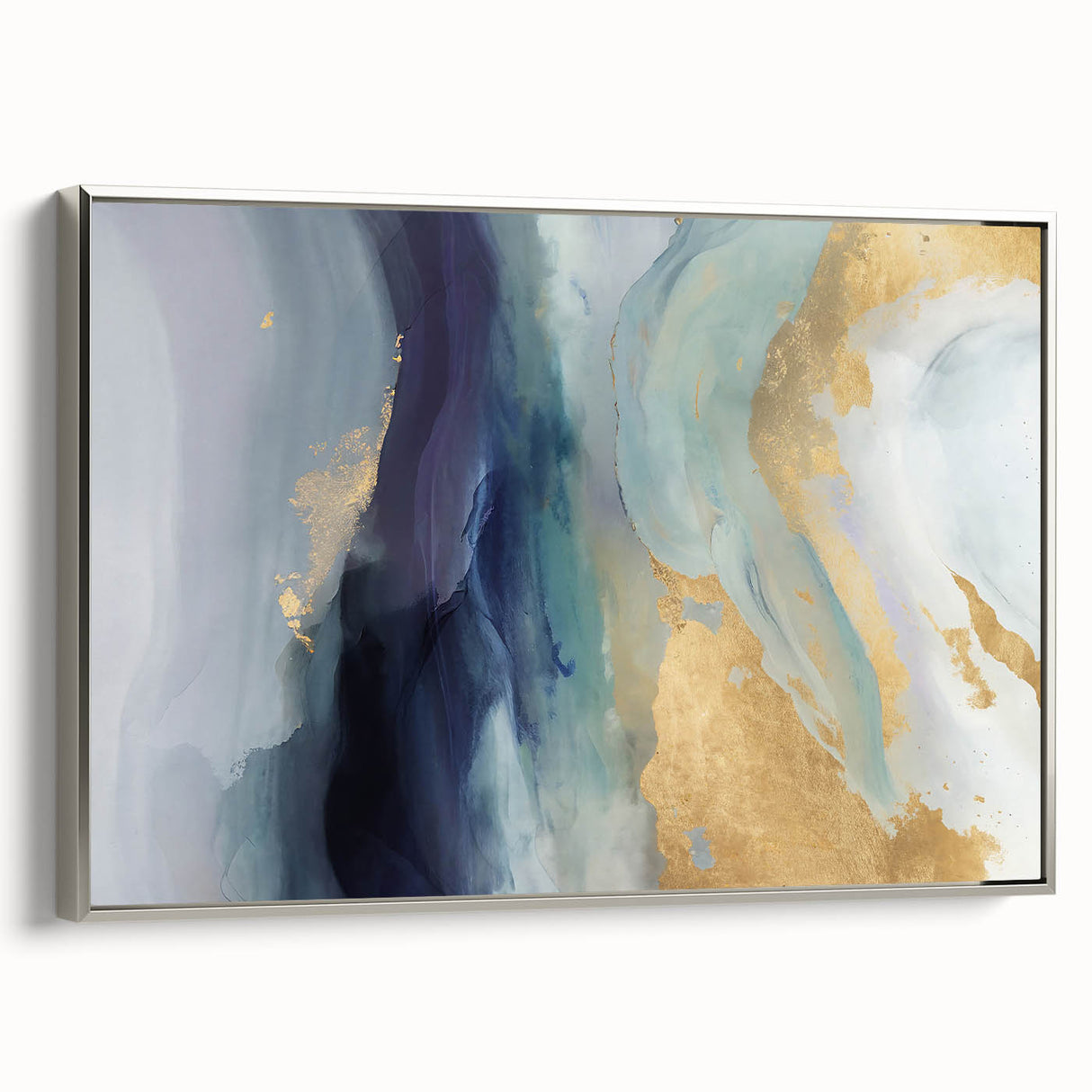 Framed abstract strokes wall art in silver, showcasing a modern design with dynamic brush strokes and a sleek profile, perfect for contemporary decor.